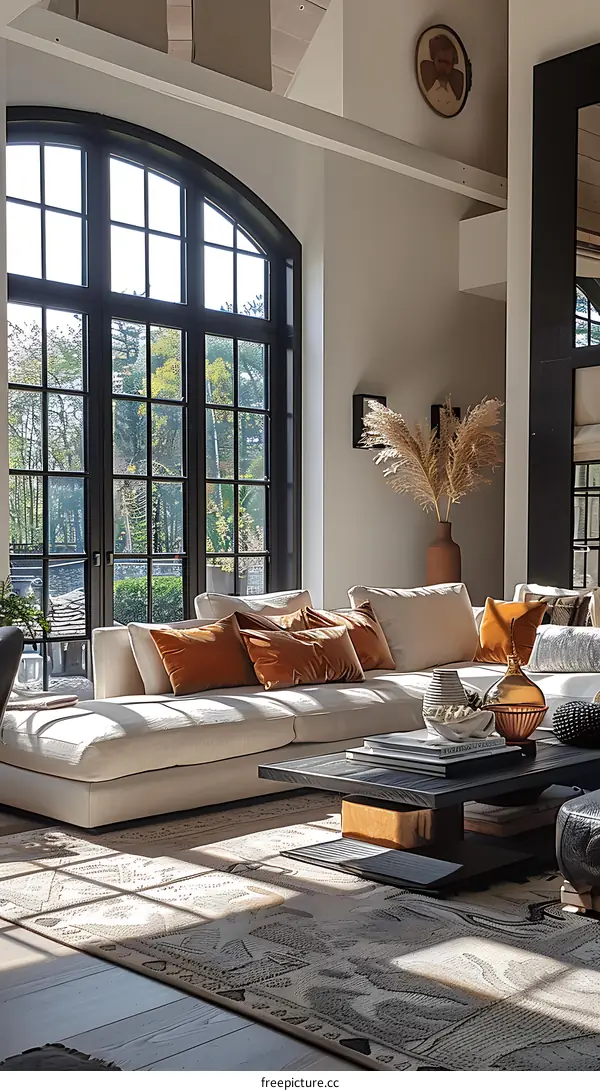 Arched windows and high ceilings, modern minimalist living room