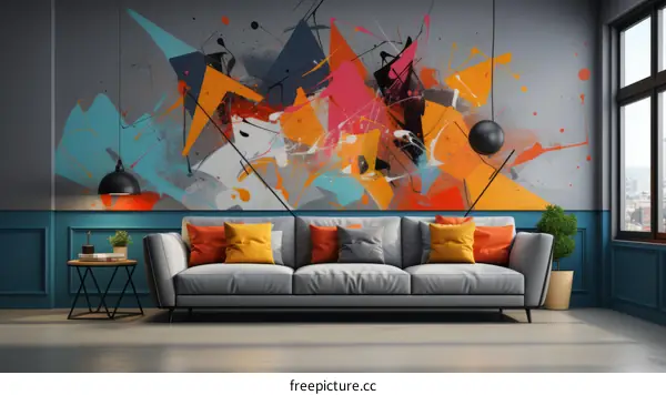Modern interior design of living room with sofa and abstract painting on wall