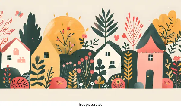 Cute Cartoon Illustration of a Small Town with Houses and Flowers