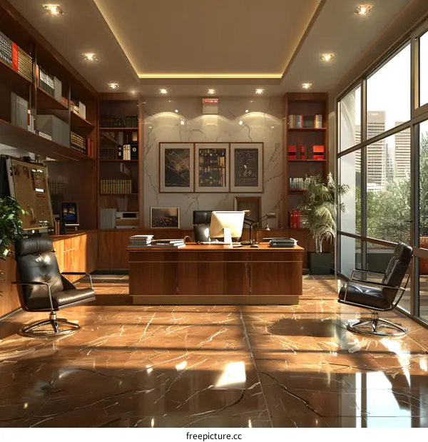 Office interior with large windows and wooden furniture
