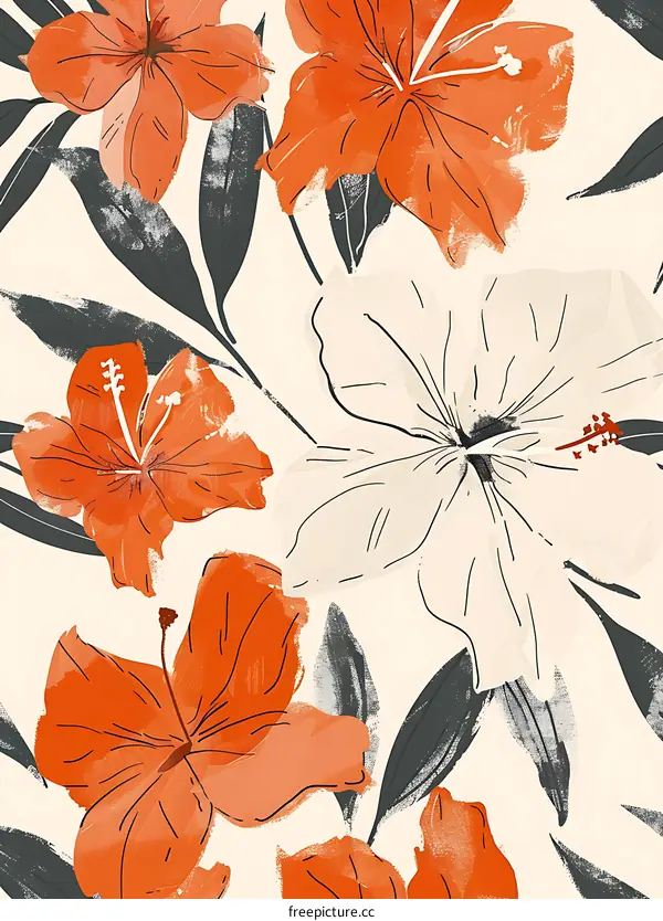 Watercolor Floral Pattern with Orange and White Flowers
