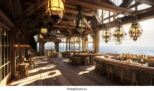 Wooden Bar Interior With Ocean View