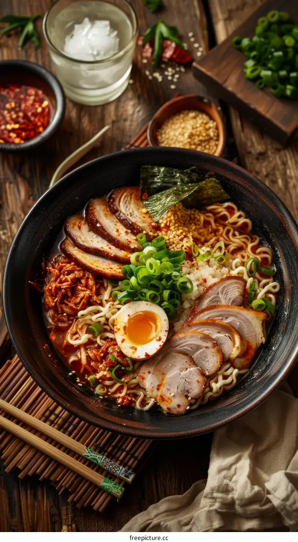 A delicious bowl of ramen with pork, egg, and vegetables