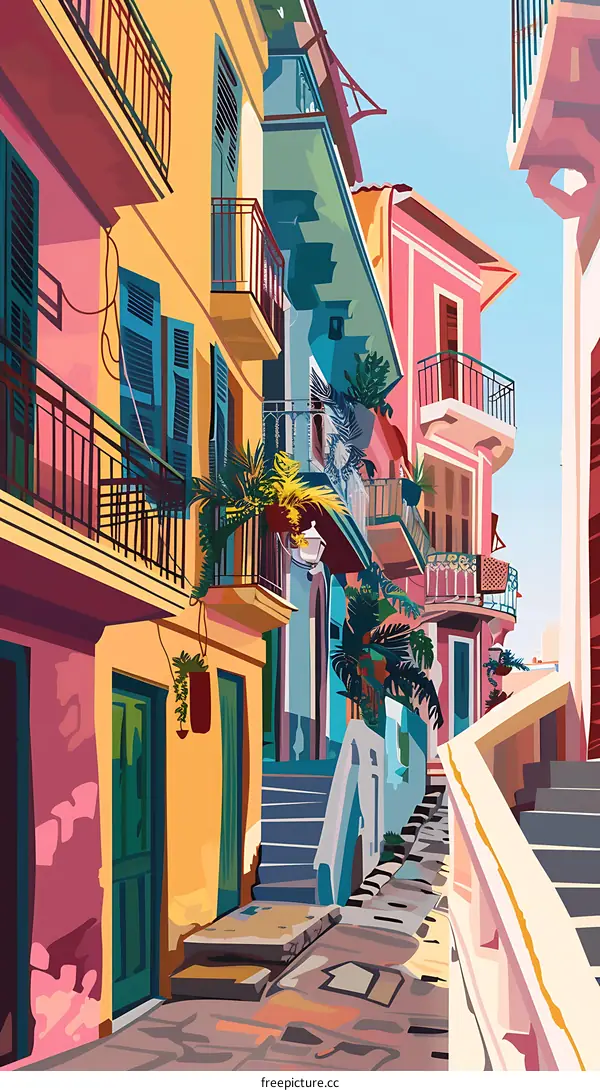 Colorful Buildings with Balconies and Stairs in a Narrow Alleyway