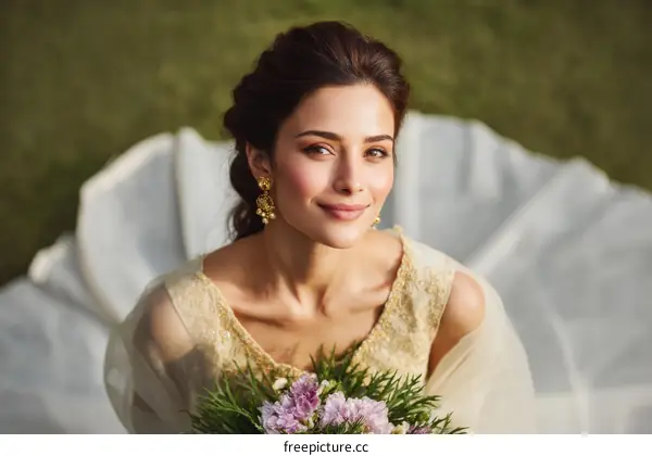 Elegant Bride Outdoors with Floral Bouquet