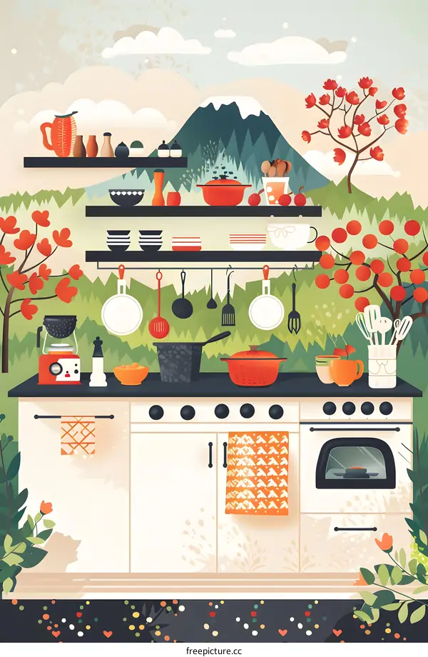 Kitchen Illustration with Mountain and Forest Landscape
