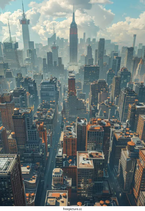 A bustling metropolis with skyscrapers reaching towards the heavens