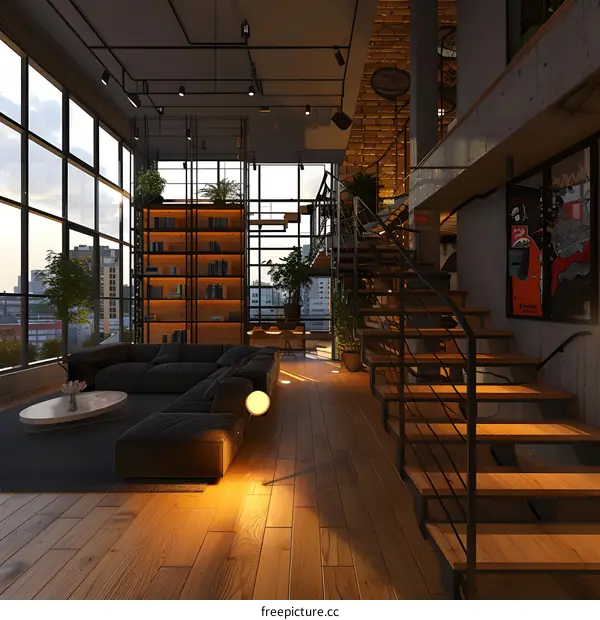 Modern Loft Apartment Interior Design with Wooden Stairs and City View