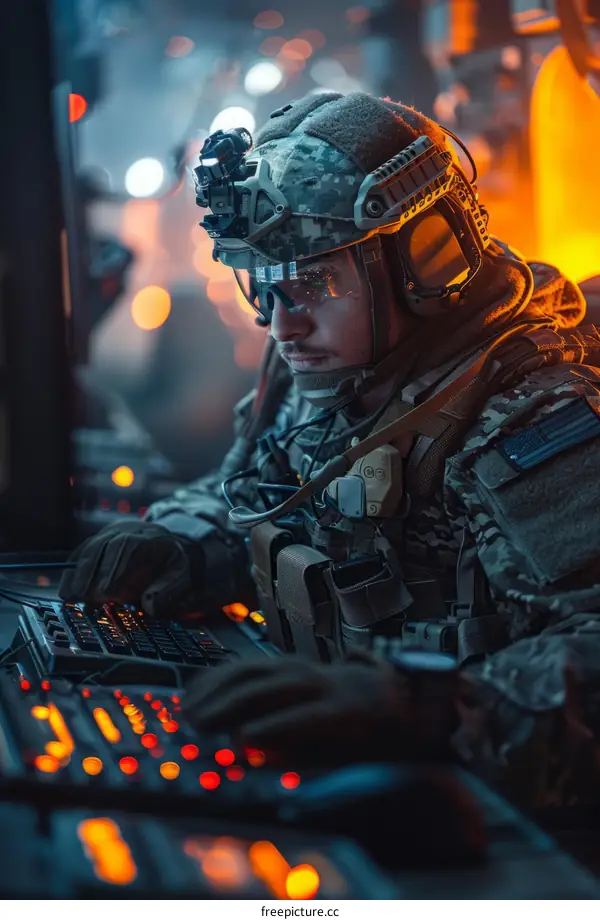 A soldier in military gear using a computer