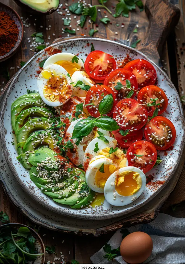 Healthy avocado, boiled egg and tomato salad with spices