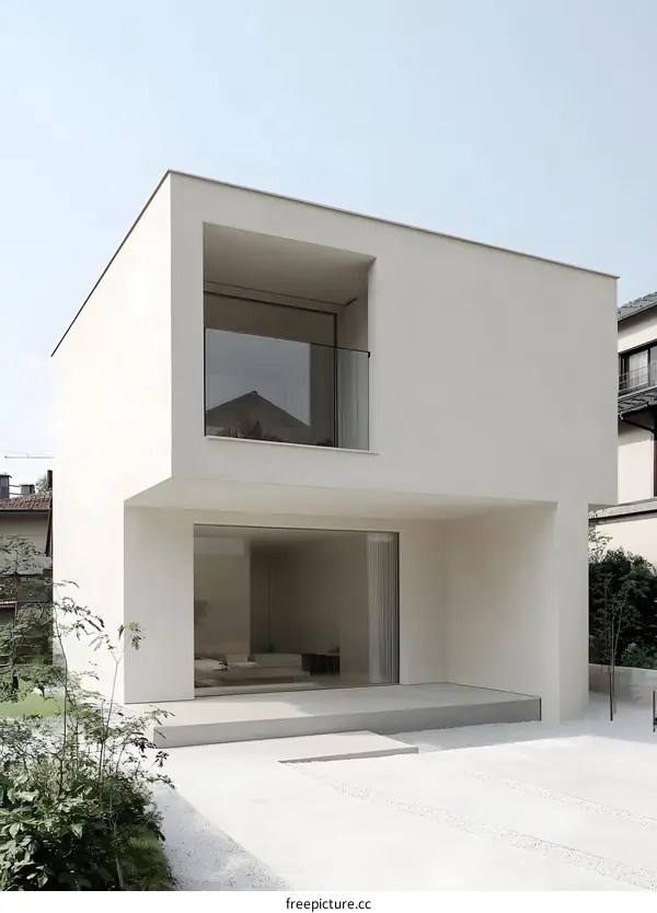 Modern Minimalist White House Exterior Design with Balcony and Large Windows
