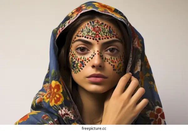 Portrait of a young woman with colorful face paint wearing a blue floral headscarf
