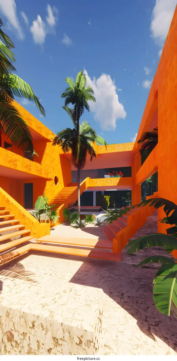 Orange Building with Palm Trees and Stairs in Tropical Courtyard