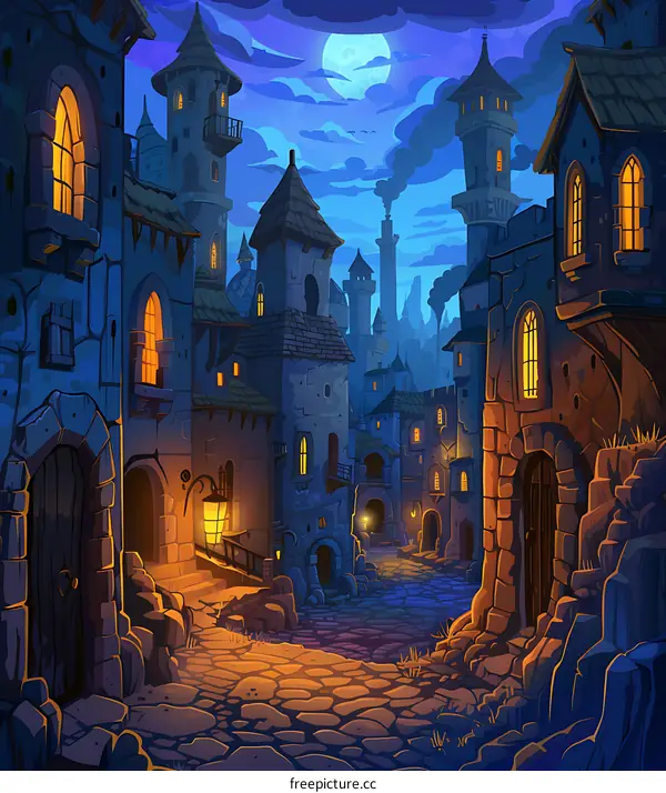 Nighttime View of a Fantasy Medieval City