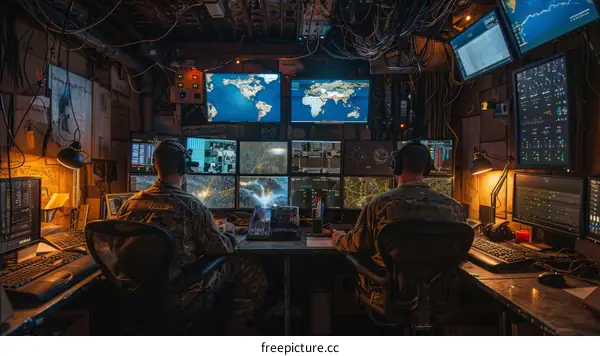 Military Personnel Monitoring Global Operations in a High-Tech Control Room
