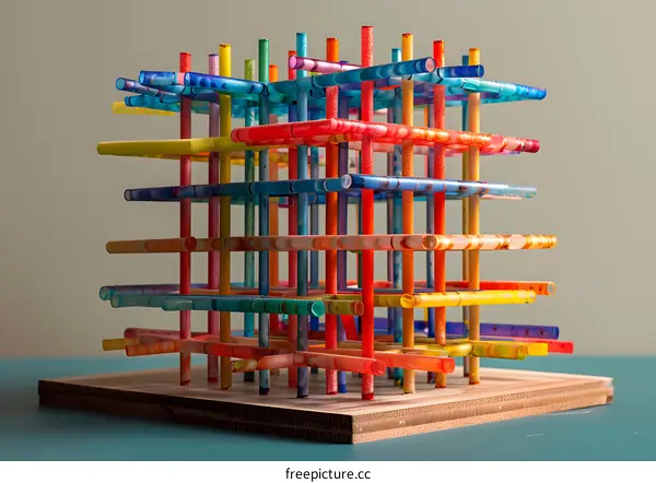 Colorful Plastic Straw Construction on Wooden Base