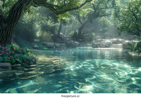 Tranquil Forest Stream with Rocks, Trees, Flowers, and Sunlight