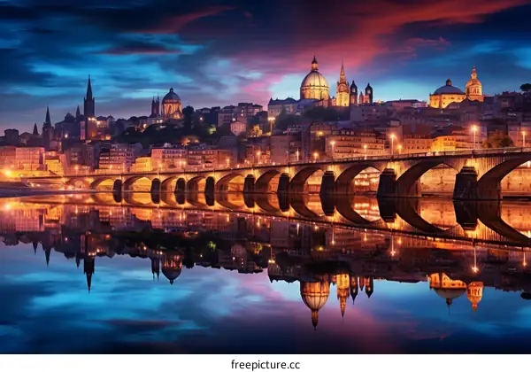 Scenic view of Porto cityscape at dusk with river in foreground