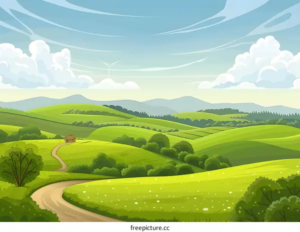 Green Hills and Winding Road Landscape Illustration