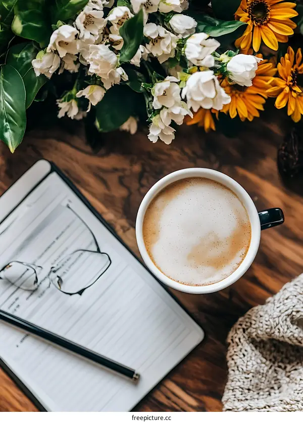 Coffee Cup With Notebook And Flowers