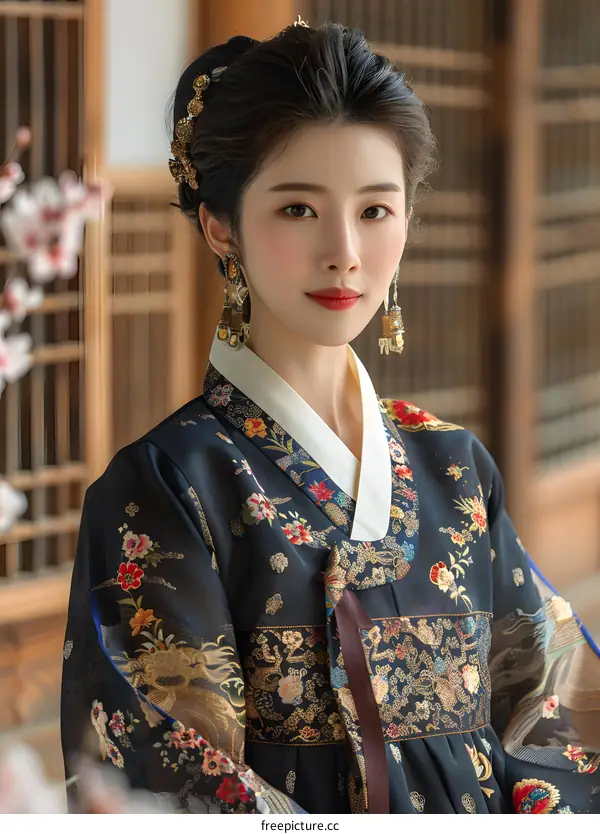 Portrait of a young woman in traditional Korean dress, or Hanbok