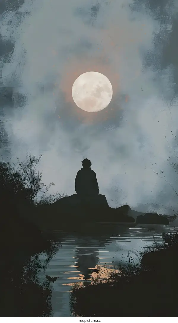 Silhouette of a Person Sitting by a Lake Under a Full Moon