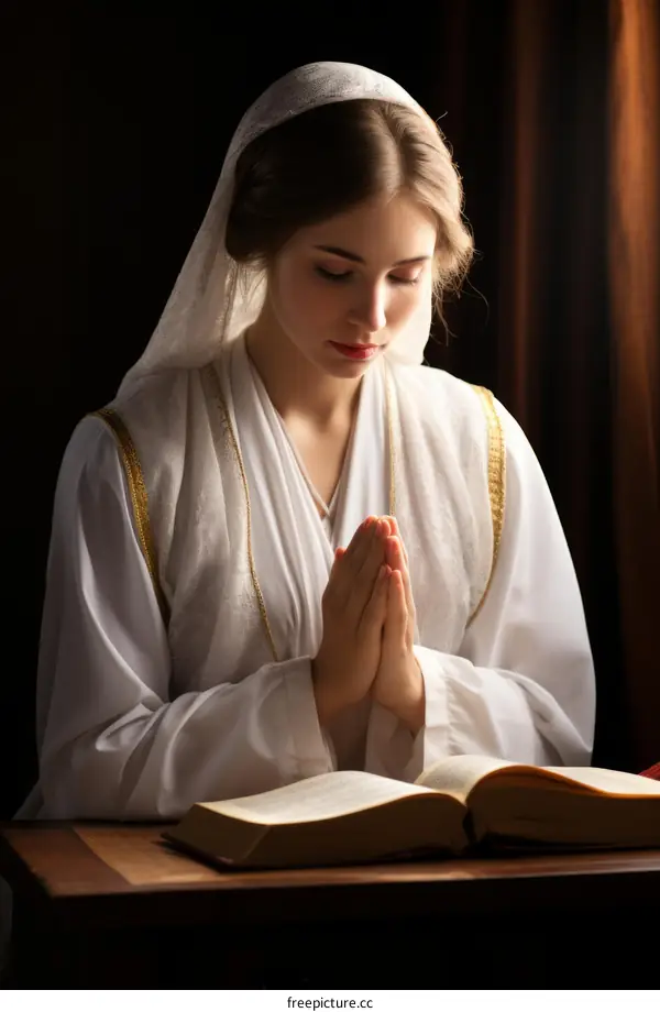 A young woman in a white headscarf is praying with her hands together and her eyes closed.