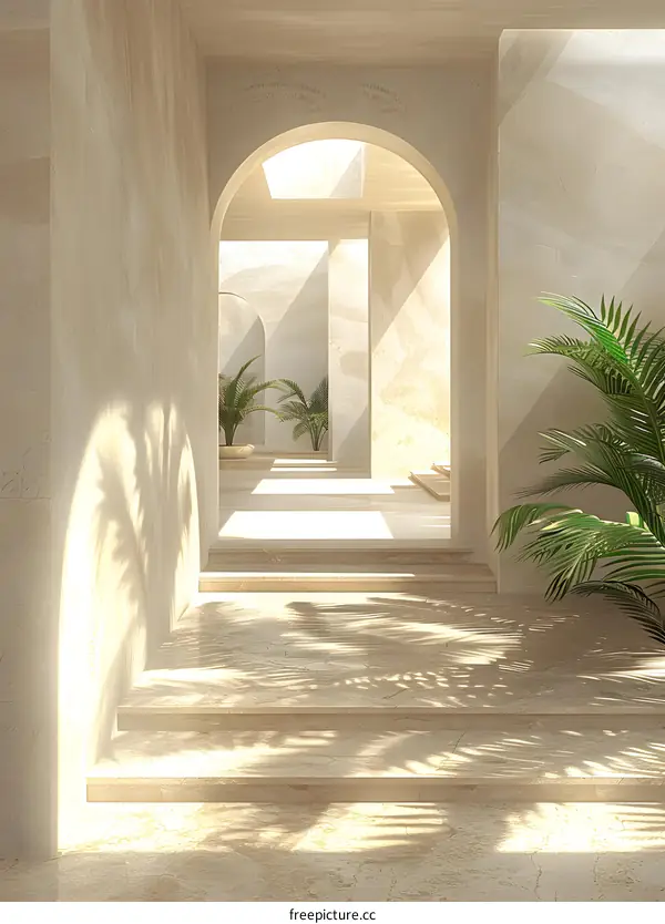 Minimalist Interior Archway with Tropical Plants