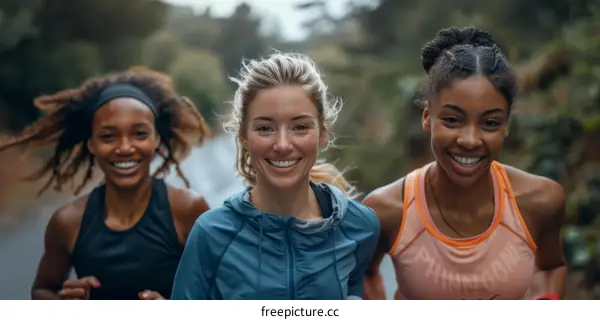 Three women running in the rain