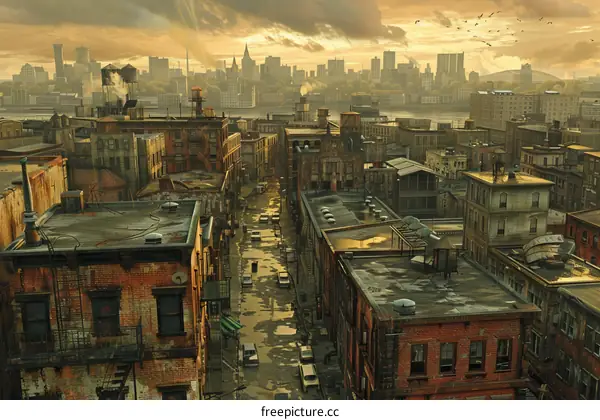 Cityscape of a dystopian city with a river running through it