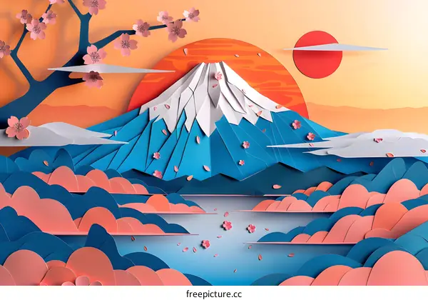 Papercraft Mount Fuji with Cherry Blossoms