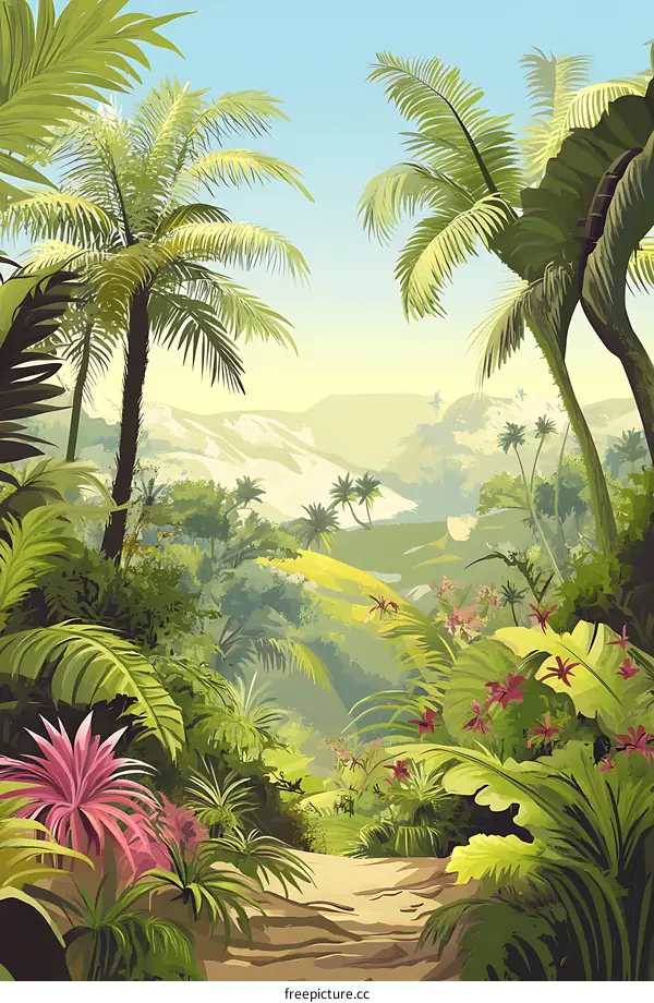 Tropical Jungle Landscape with Lush Greenery and Palm Trees