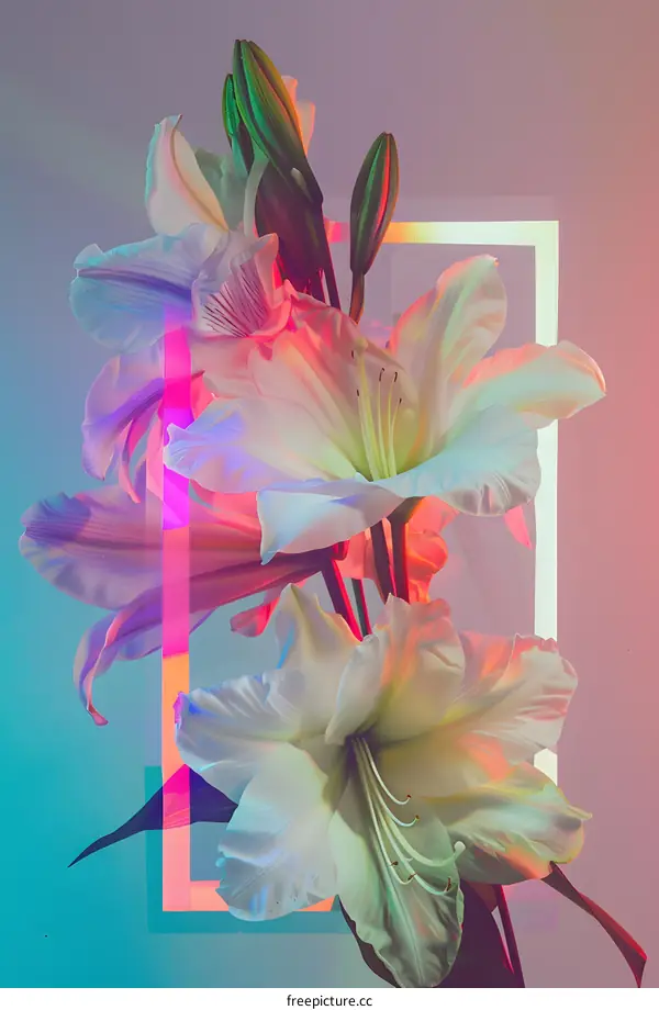 White Lily Flowers with Neon Lights Background