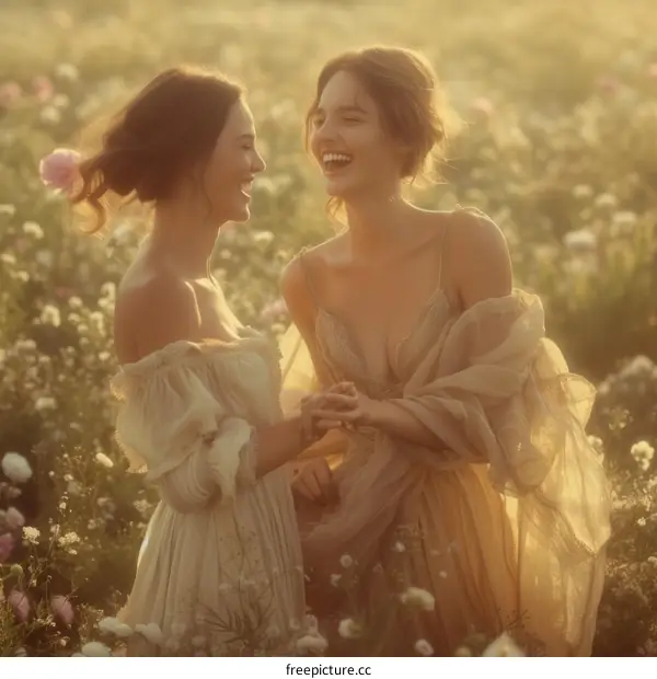 Two women in a field of flowers