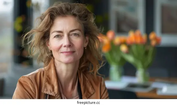 portrait of a middle aged woman with brown hair and green eyes