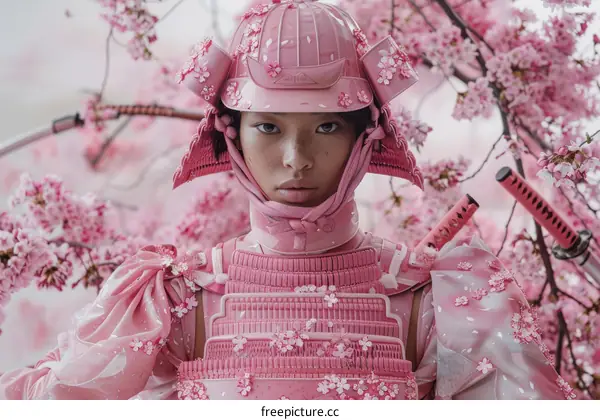 Portrait of a young woman in pink samurai armor