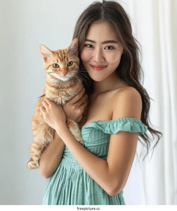 Portrait of a young Asian woman with a ginger cat