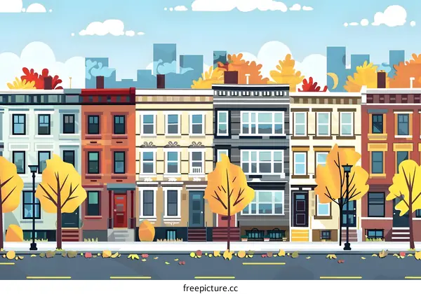 Autumn Cityscape with Row of Houses and Yellow Trees