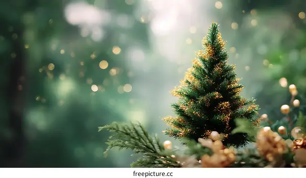 Christmas Tree in a Green Forest Background