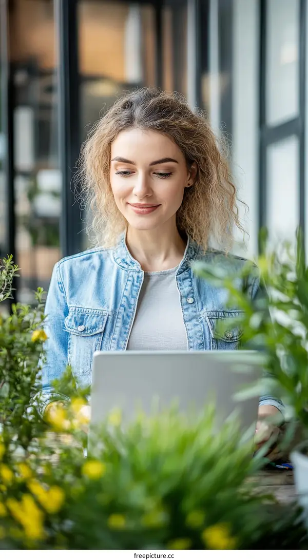 Woman Working on a Laptop Outdoors surrounded by Plants