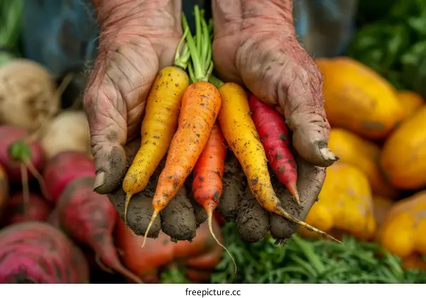 A farmer's hands holding freshly picked organic carrots