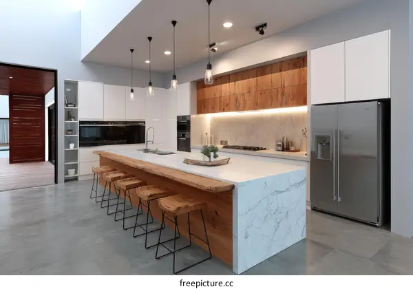 Modern Kitchen with Wooden Bar and Marble Countertop