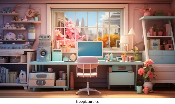 Cozy home office with a view of the city