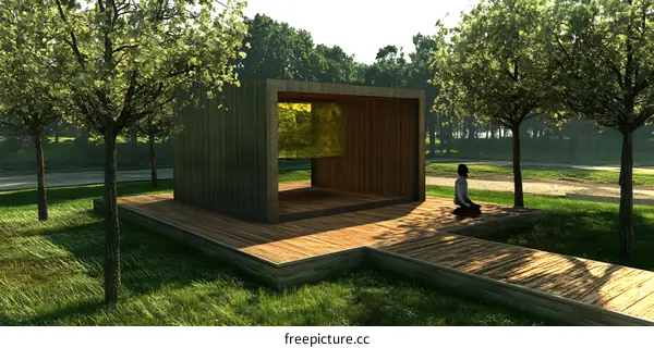 Wooden Meditation Structure in a Tranquil Forest