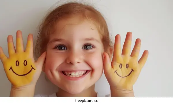 Little girl with painted smiley faces on her hands
