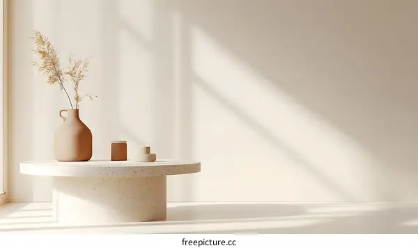 Minimalist Interior Design with Beige Coffee Table and Dried Flowers