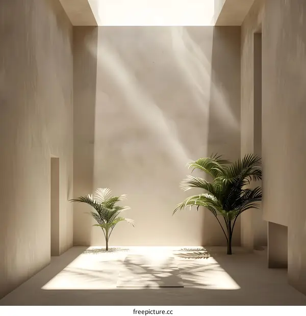 Minimalist Room Interior Design With Sun Rays And Palm Trees