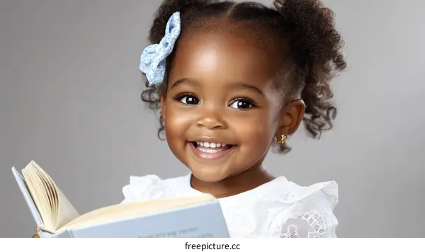 Smiling African-American Girl Reading a Book