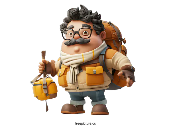 [Transparent Background PNG]A cartoon character with a mustache and glasses is wearing a backpack and carrying a bag.