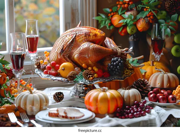 Thanksgiving dinner table with roasted turkey